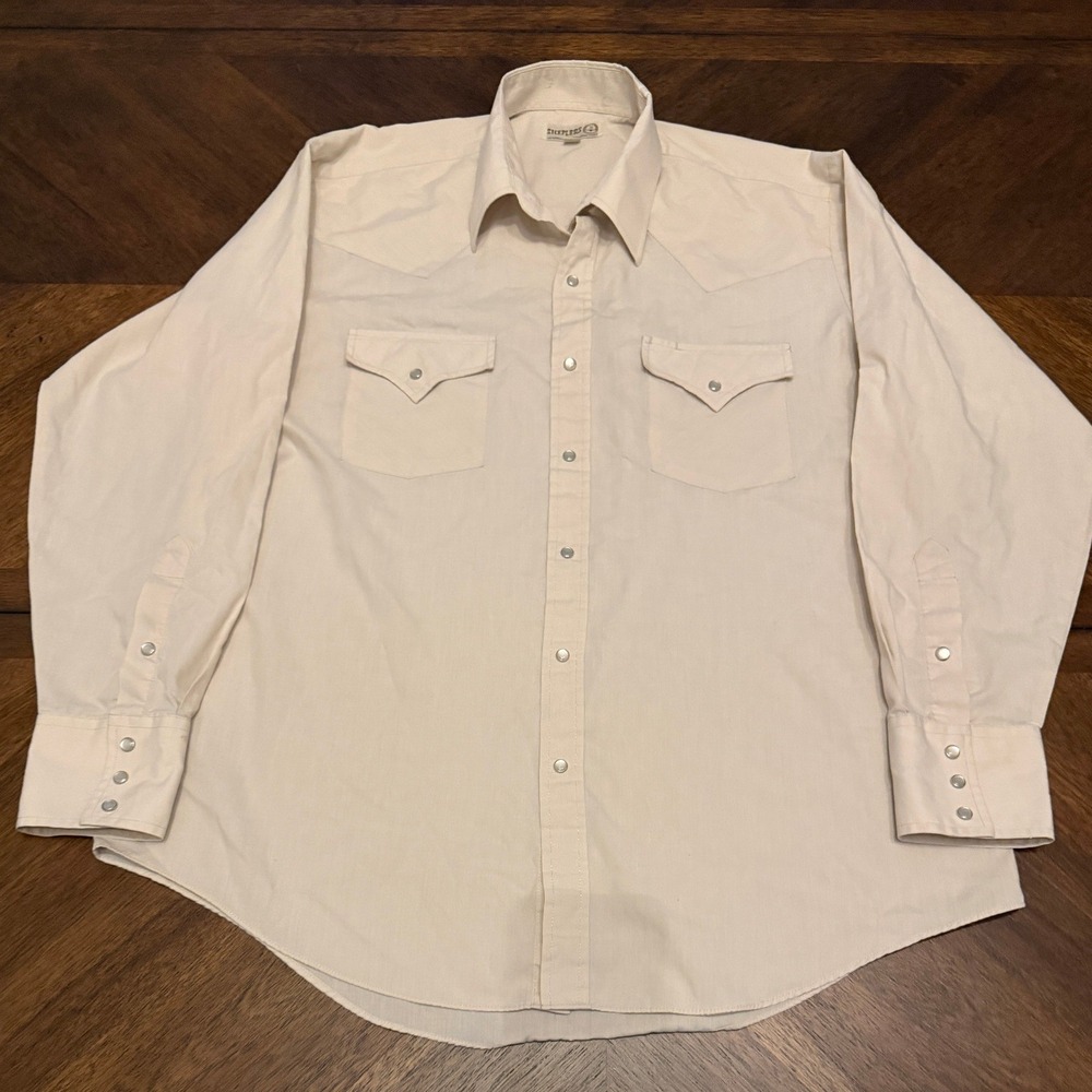 Vintage Sheplers Mens Western Pearl Snap Shirt Cream Long Sleeve 16.5 x 34